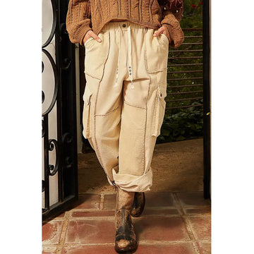 Elastic Waist Contrast Stitch Detail Cargo Pockets Wide Pant